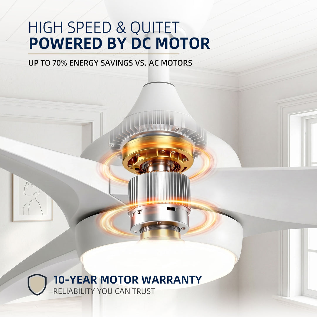 VEYRA 52-inch Modern Ceiling Fan with Light, 3 ABS Blades, DC Motor, 6 Speeds, Downrod Mount for Bedroom, Living Room