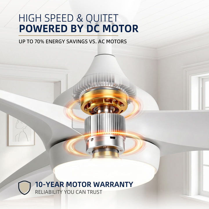 VEYRA 52-inch Modern Ceiling Fan with Light, 3 ABS Blades, DC Motor, 6 Speeds, Downrod Mount for Bedroom, Living Room