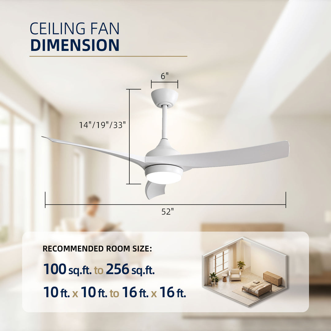 VEYRA 52-inch Modern Ceiling Fan with Light, 3 ABS Blades, DC Motor, 6 Speeds, Downrod Mount for Bedroom, Living Room
