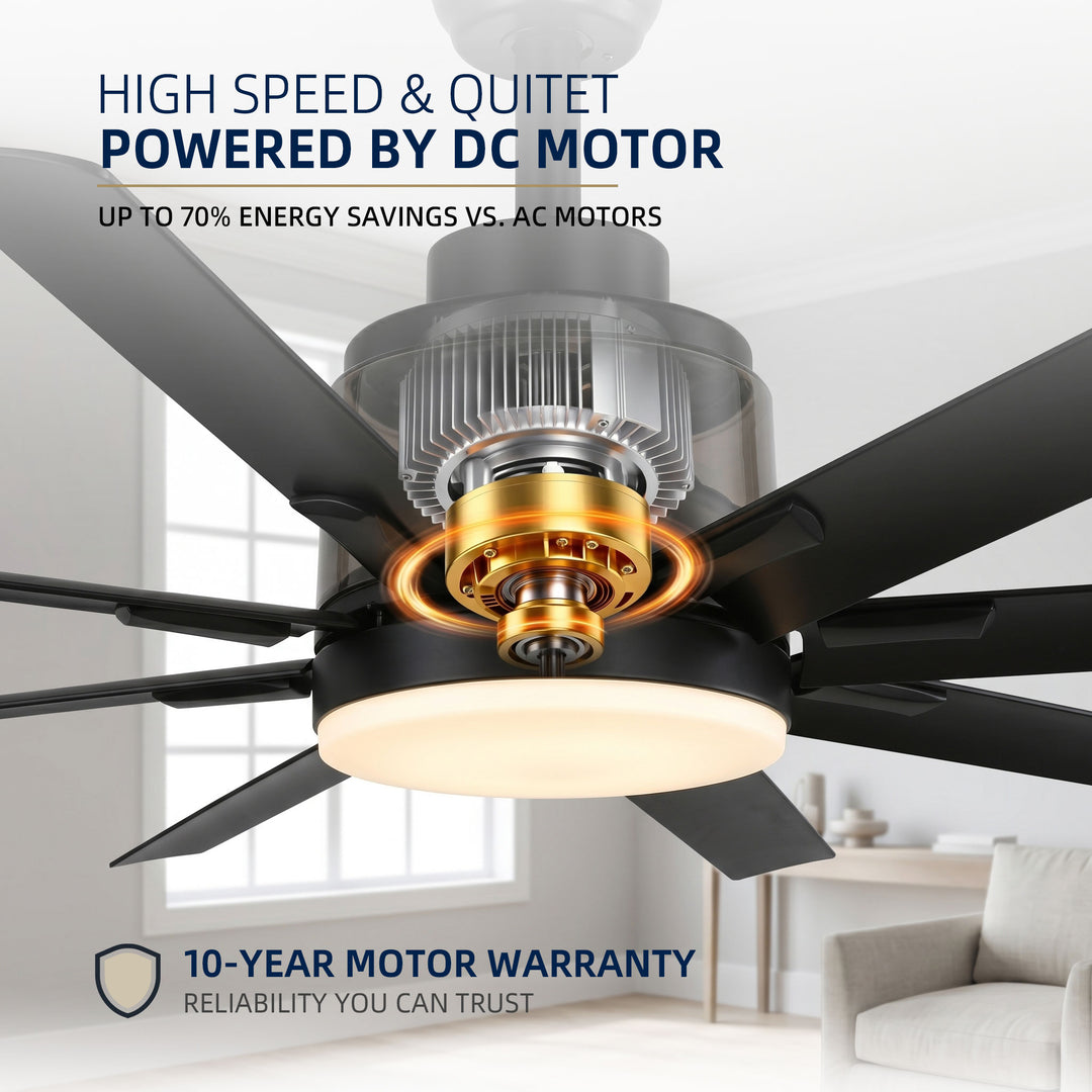 VEYRA 72-inch Modern Ceiling Fan with Light, Remote Control Smart Fan, 8 Aluminum Blades, DC Motor, 6 Speeds, Downrod Mount for Bedroom, Living Room