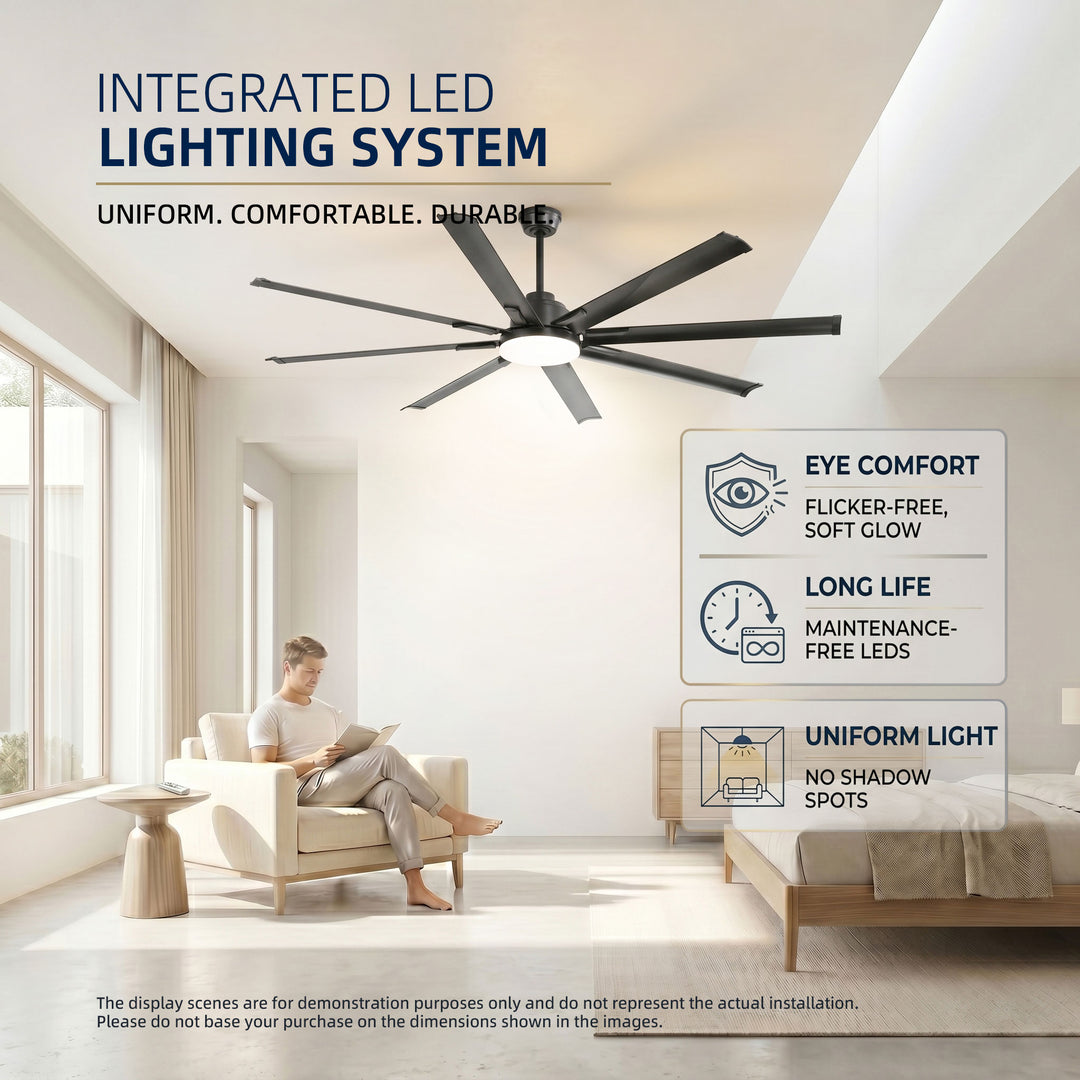 VEYRA 72-inch Modern Ceiling Fan with Light, Remote Control Smart Fan, 8 Aluminum Blades, DC Motor, 6 Speeds, Downrod Mount for Bedroom, Living Room