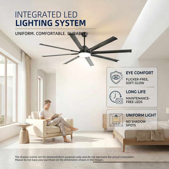 VEYRA 72-inch Modern Ceiling Fan with Light, Remote Control Smart Fan, 8 Aluminum Blades, DC Motor, 6 Speeds, Downrod Mount for Bedroom, Living Room