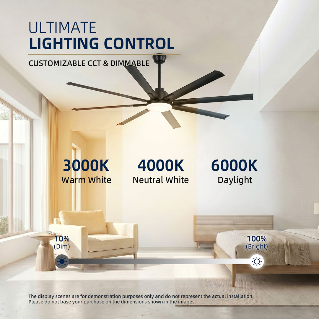 VEYRA 72-inch Modern Ceiling Fan with Light, Remote Control Smart Fan, 8 Aluminum Blades, DC Motor, 6 Speeds, Downrod Mount for Bedroom, Living Room