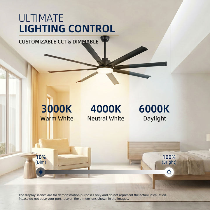 VEYRA 72-inch Modern Ceiling Fan with Light, Remote Control Smart Fan, 8 Aluminum Blades, DC Motor, 6 Speeds, Downrod Mount for Bedroom, Living Room