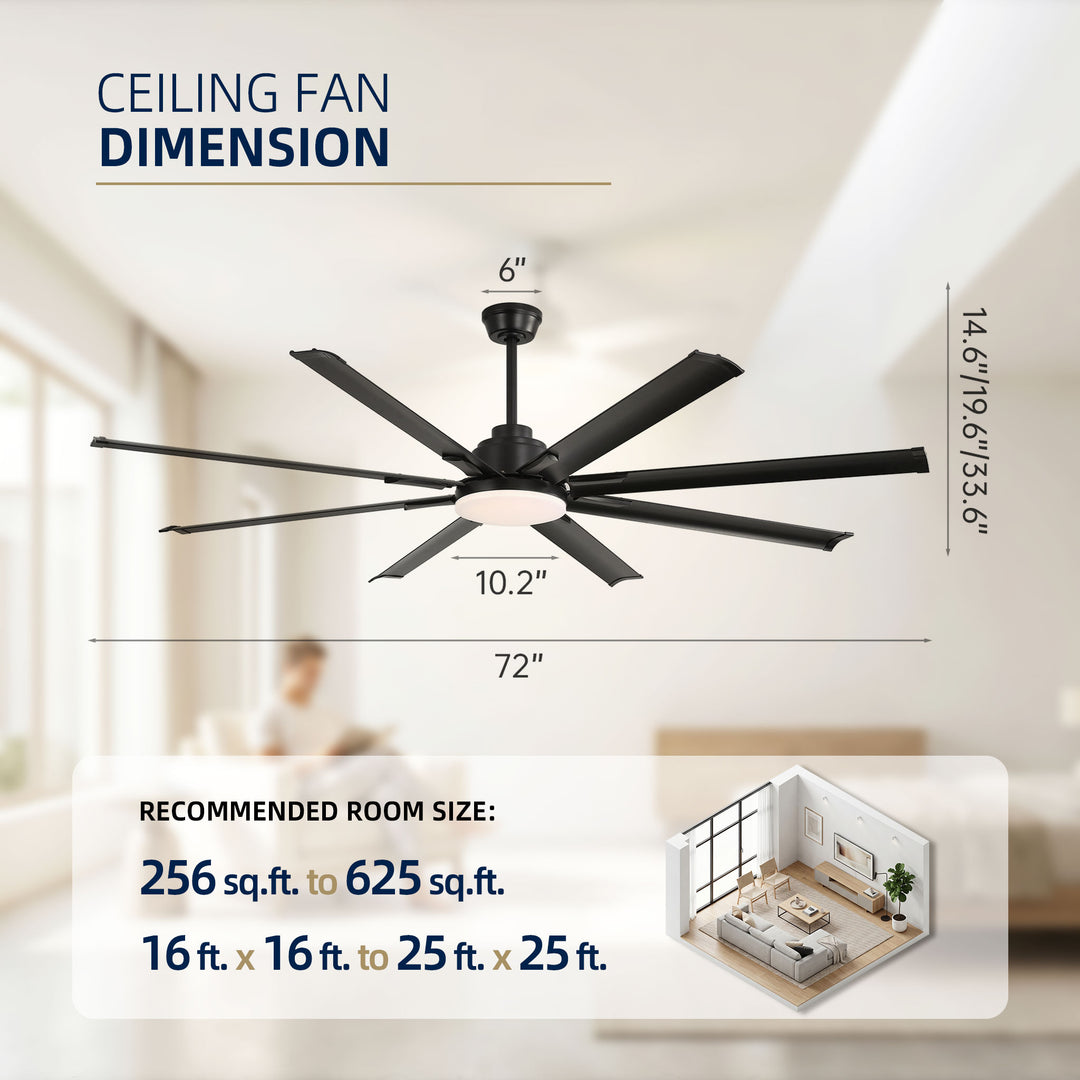 VEYRA 72-inch Modern Ceiling Fan with Light, Remote Control Smart Fan, 8 Aluminum Blades, DC Motor, 6 Speeds, Downrod Mount for Bedroom, Living Room