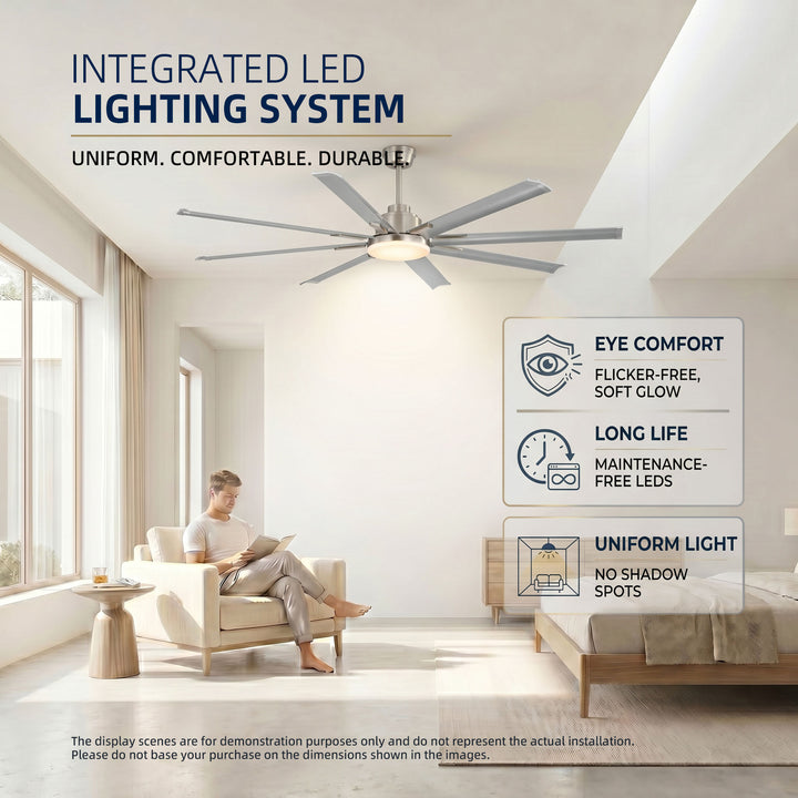 VEYRA 72-inch Modern Ceiling Fan with Light, Remote Control Smart Fan, 8 Aluminum Blades, DC Motor, 6 Speeds, Downrod Mount for Bedroom, Living Room
