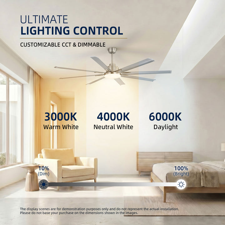 VEYRA 72-inch Modern Ceiling Fan with Light, Remote Control Smart Fan, 8 Aluminum Blades, DC Motor, 6 Speeds, Downrod Mount for Bedroom, Living Room