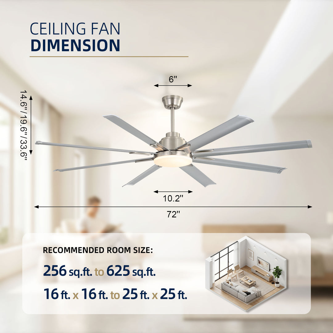 VEYRA 72-inch Modern Ceiling Fan with Light, Remote Control Smart Fan, 8 Aluminum Blades, DC Motor, 6 Speeds, Downrod Mount for Bedroom, Living Room