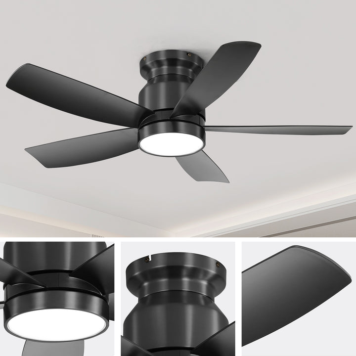VEYRA 42-inch Modern Black Ceiling Fan with Light, 5 ABS Blades, DC Motor, 6 Speeds, Flush Mount for Bedroom, Living Room