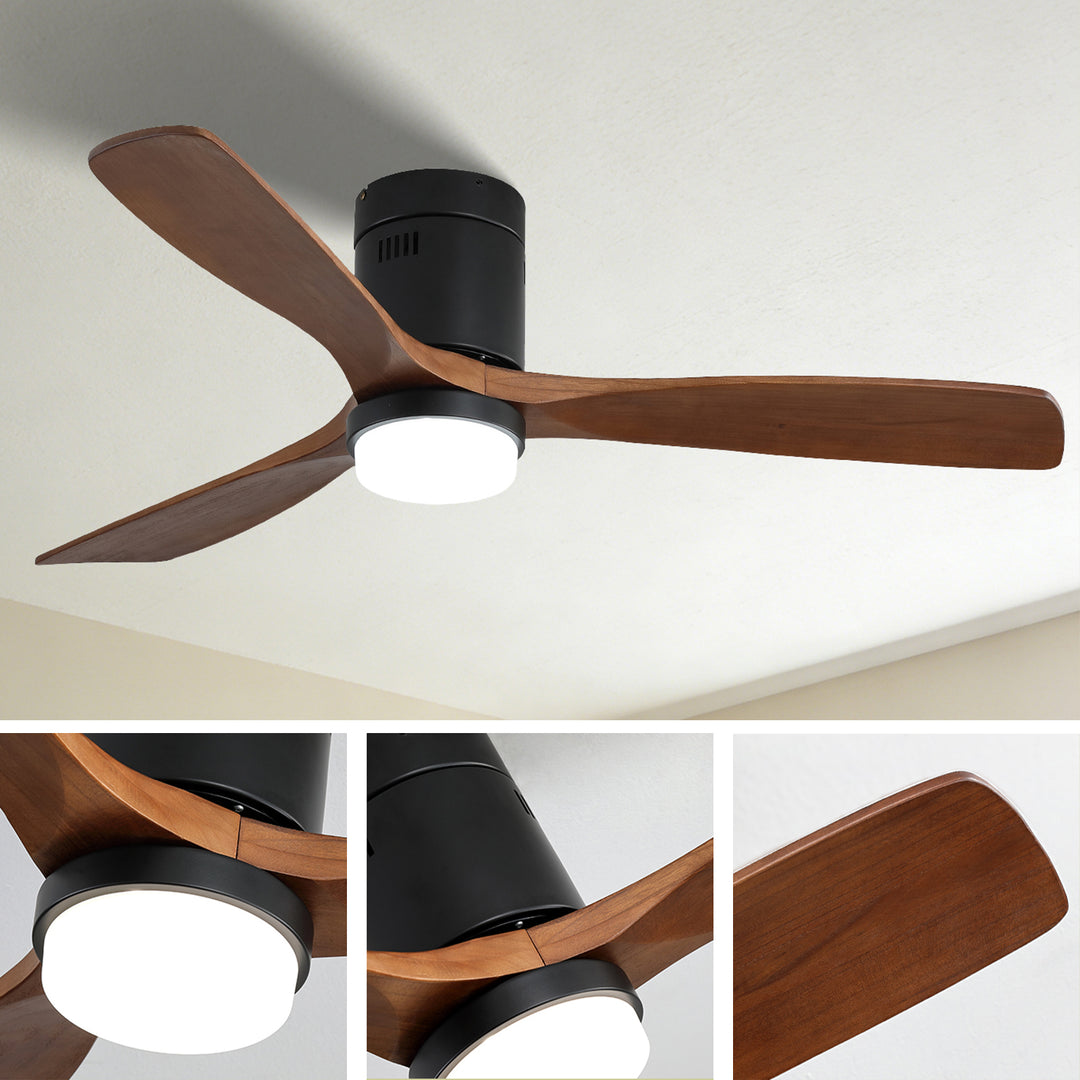 VEYRA 52-inch Modern Ceiling Fan with Light, 3 Solid Wood Blades, DC Motor, 6 Speeds, Flush Mount for Bedroom, Living Room