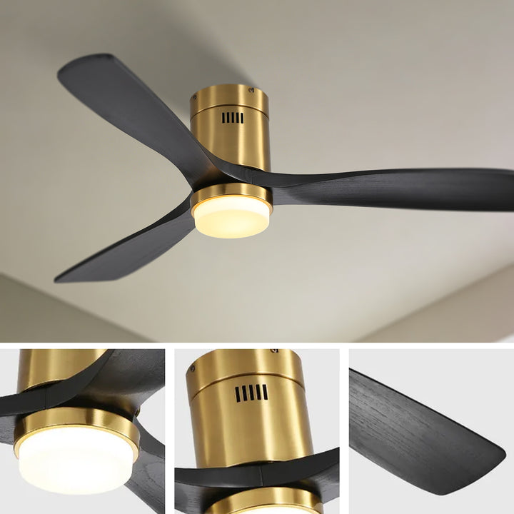 VEYRA 52-inch Modern Ceiling Fan with Light, 3 Solid Wood Blades, DC Motor, 6 Speeds, Flush Mount for Bedroom, Living Room