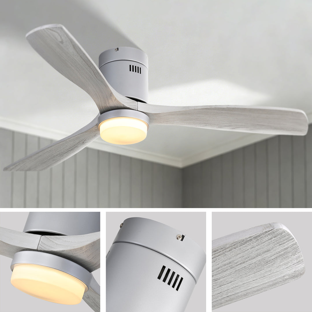 VEYRA 52-inch Modern Ceiling Fan with Light, 3 Solid Wood Blades, DC Motor, 6 Speeds, Flush Mount for Bedroom, Living Room