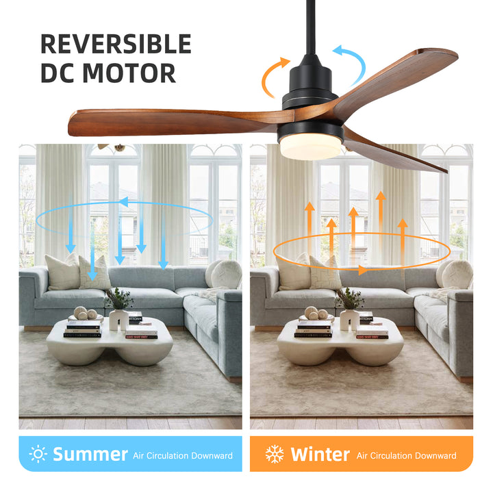 VEYRA 52-inch Modern Ceiling Fan with Light, 3 Solid Wood Blades, DC Motor, 6 Speeds, Downrod Mount for Bedroom, Living Room