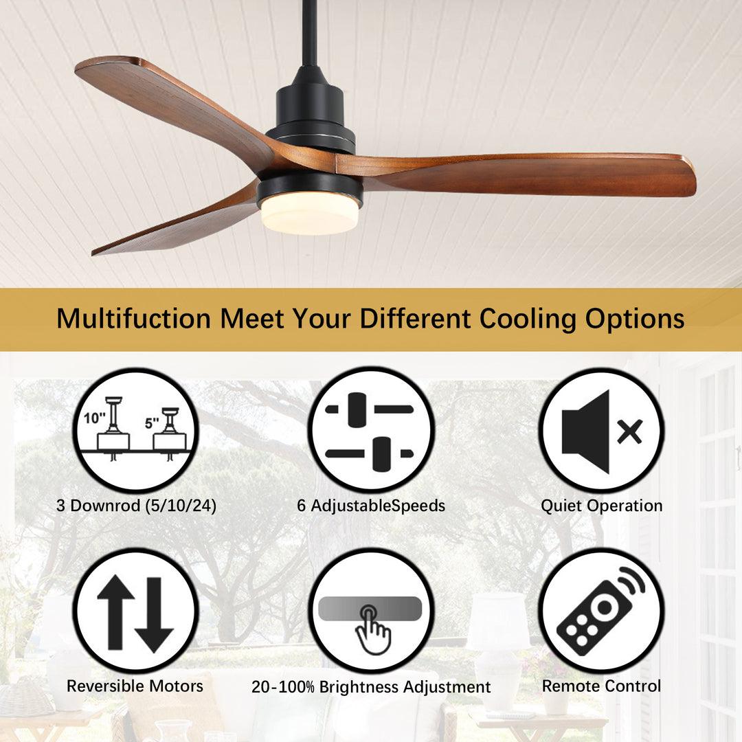 VEYRA 52-inch Modern Ceiling Fan with Light, 3 Solid Wood Blades, DC Motor, 6 Speeds, Downrod Mount for Bedroom, Living Room