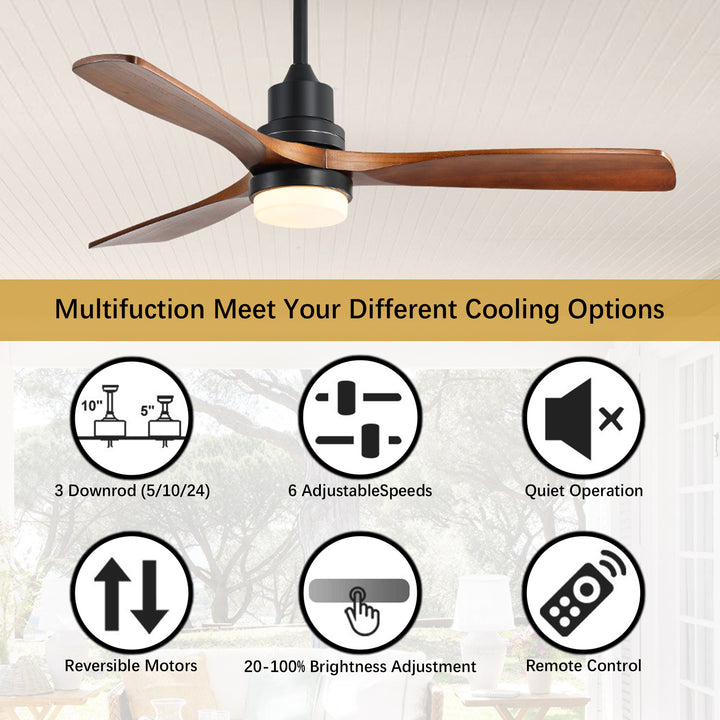 VEYRA 52-inch Modern Ceiling Fan with Light, 3 Solid Wood Blades, DC Motor, 6 Speeds, Downrod Mount for Bedroom, Living Room