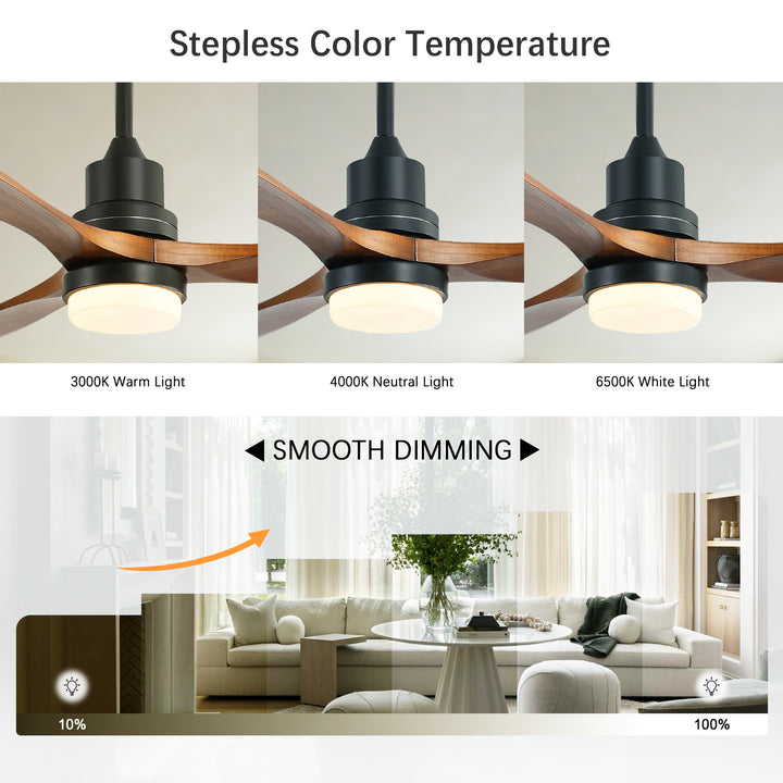 VEYRA 52-inch Modern Ceiling Fan with Light, 3 Solid Wood Blades, DC Motor, 6 Speeds, Downrod Mount for Bedroom, Living Room