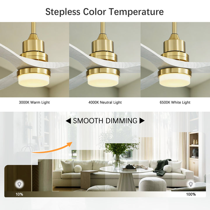 VEYRA 52-inch Modern Ceiling Fan with Light, 3 Solid Wood Blades, DC Motor, 6 Speeds, Downrod Mount for Bedroom, Living Room