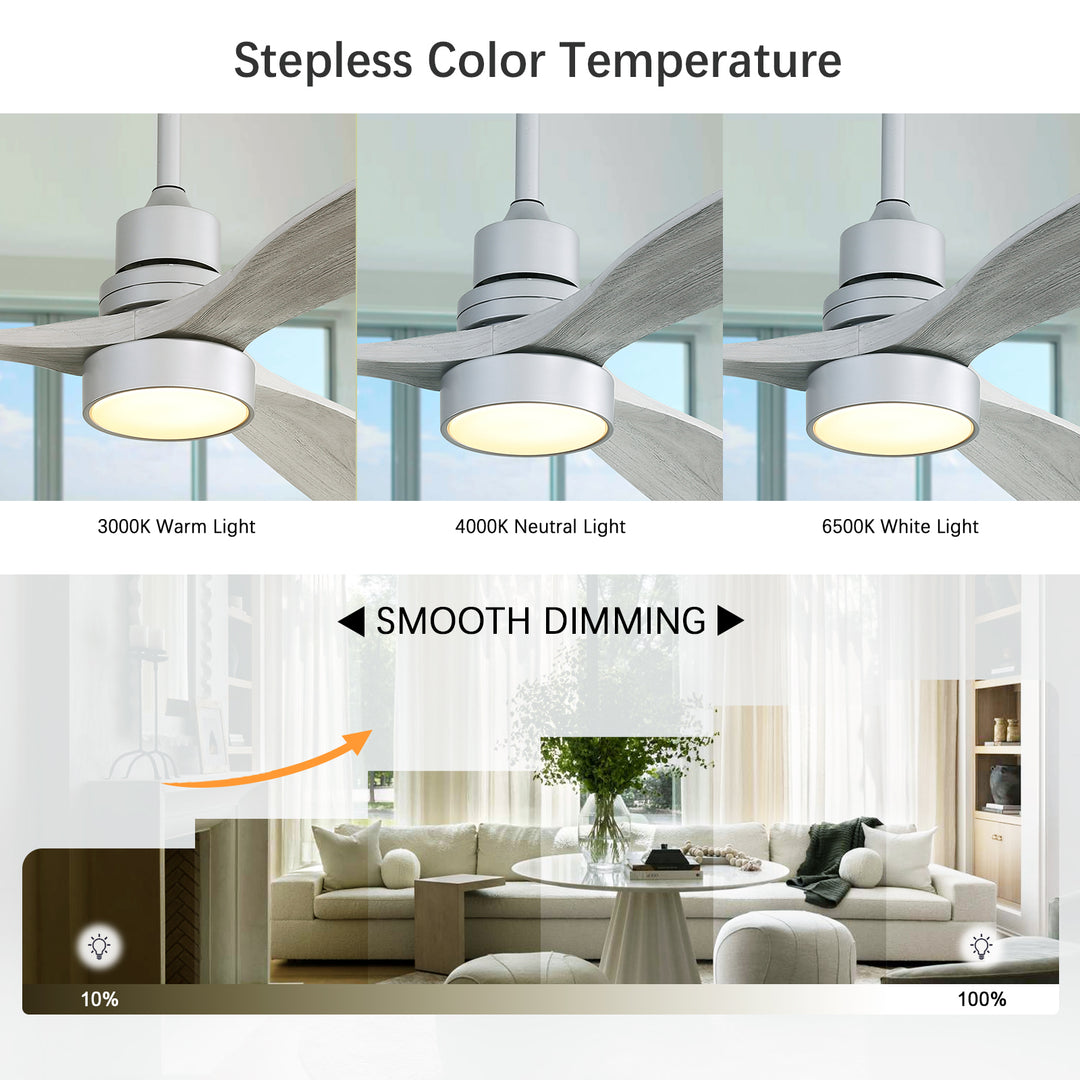 VEYRA 52-inch Modern Ceiling Fan with Light, 3 Solid Wood Blades, DC Motor, 6 Speeds, Downrod Mount for Bedroom, Living Room