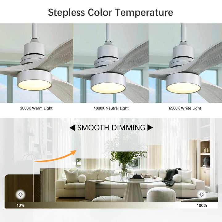 VEYRA 52-inch Modern Ceiling Fan with Light, 3 Solid Wood Blades, DC Motor, 6 Speeds, Downrod Mount for Bedroom, Living Room