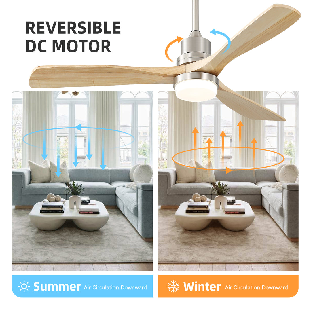 VEYRA 52-inch Modern Ceiling Fan with Light, 3 Solid Wood Blades, DC Motor, 6 Speeds, Downrod Mount for Bedroom, Living Room