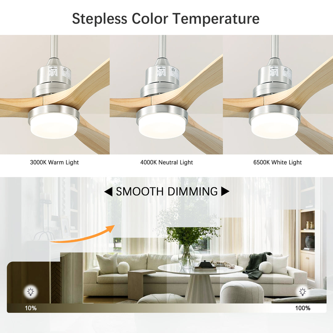 VEYRA 52-inch Modern Ceiling Fan with Light, 3 Solid Wood Blades, DC Motor, 6 Speeds, Downrod Mount for Bedroom, Living Room