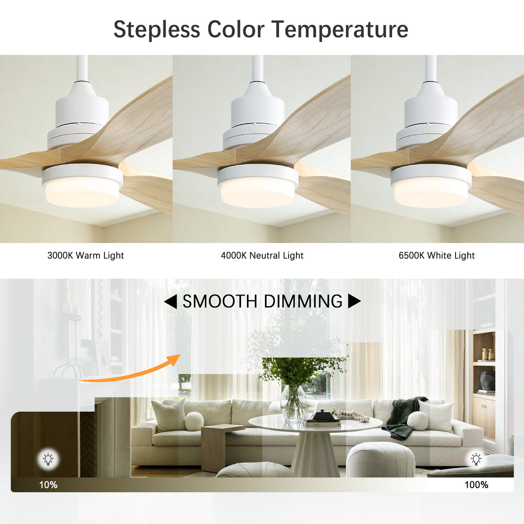 VEYRA 52-inch Modern Ceiling Fan with Light, 3 Solid Wood Blades, DC Motor, 6 Speeds, Downrod Mount for Bedroom, Living Room