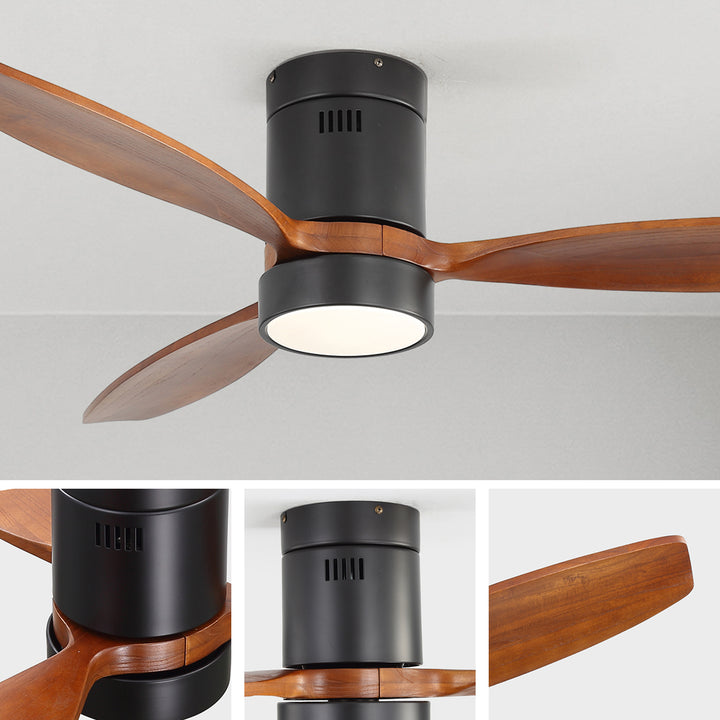 VEYRA 52-inch Modern Ceiling Fan with Light, 3 Solid Wood Blades, DC Motor, 6 Speeds, Flush Mount for Bedroom, Living Room