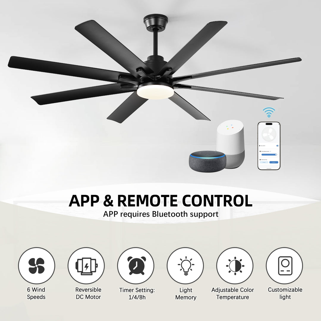 VEYRA 52-inch Modern Ceiling Fan with Light, 8 ABS Blades, DC Motor, 6 Speeds, Downrod Mount for Bedroom, Living Room