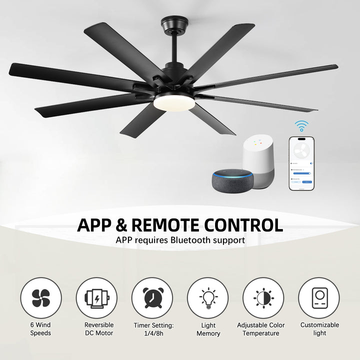 VEYRA 52-inch Modern Ceiling Fan with Light, 8 ABS Blades, DC Motor, 6 Speeds, Downrod Mount for Bedroom, Living Room