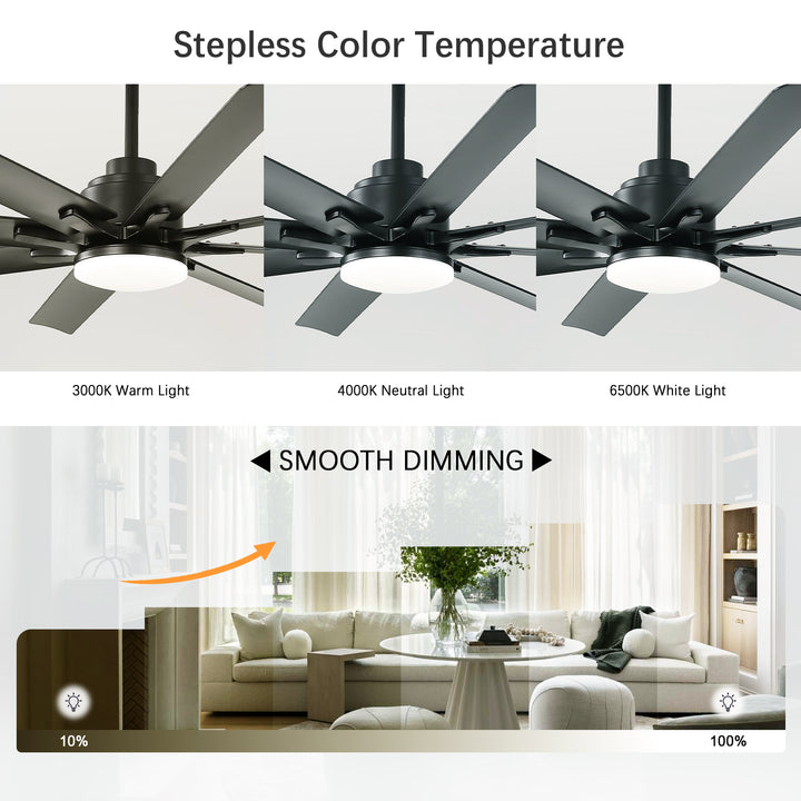 VEYRA 52-inch Modern Ceiling Fan with Light, 8 ABS Blades, DC Motor, 6 Speeds, Downrod Mount for Bedroom, Living Room