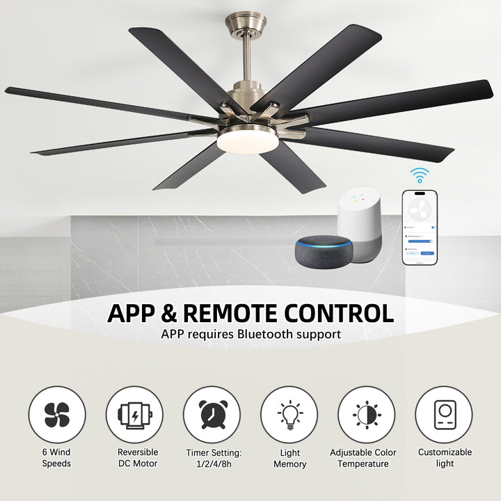 VEYRA 52-inch Modern Ceiling Fan with Light, 8 ABS Blades, DC Motor, 6 Speeds, Downrod Mount for Bedroom, Living Room