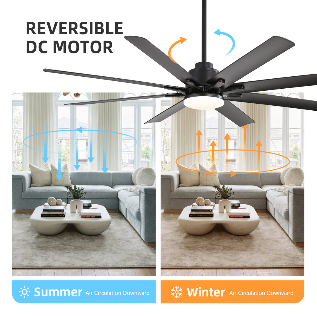 VEYRA 66-inch Modern Ceiling Fan with Light, Remote Control Smart Fan, 8 ABS Blades, DC Motor, 6 Speeds, Downrod Mount for Bedroom, Living Room