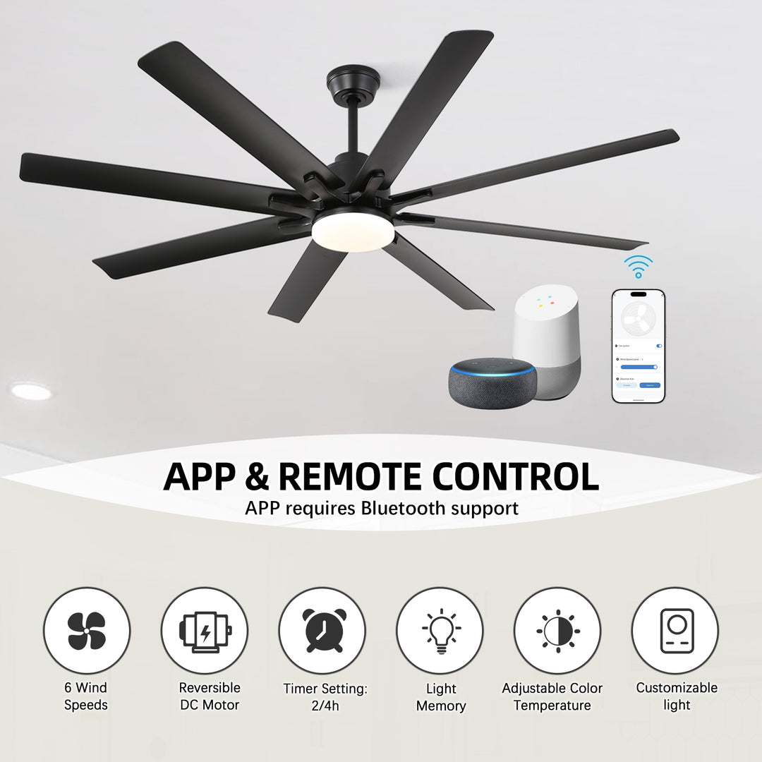 VEYRA 66-inch Modern Ceiling Fan with Light, Remote Control Smart Fan, 8 ABS Blades, DC Motor, 6 Speeds, Downrod Mount for Bedroom, Living Room