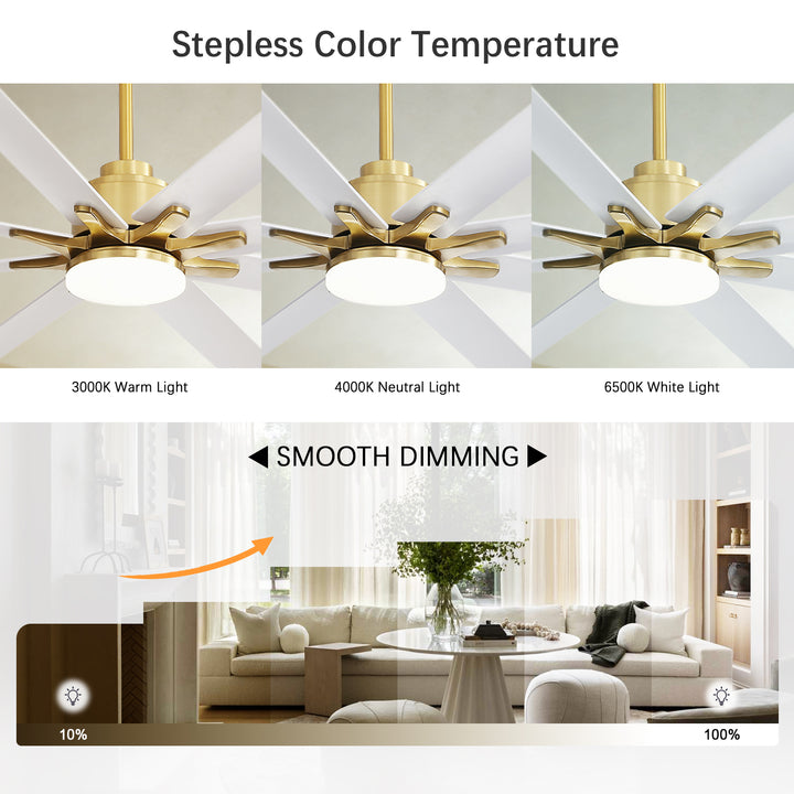 VEYRA 66-inch Modern Ceiling Fan with Light, Remote Control Smart Fan, 8 ABS Blades, DC Motor, 6 Speeds, Downrod Mount for Bedroom, Living Room