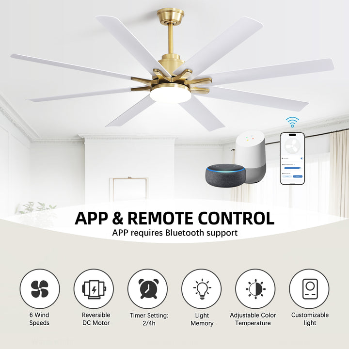 VEYRA 66-inch Modern Ceiling Fan with Light, Remote Control Smart Fan, 8 ABS Blades, DC Motor, 6 Speeds, Downrod Mount for Bedroom, Living Room