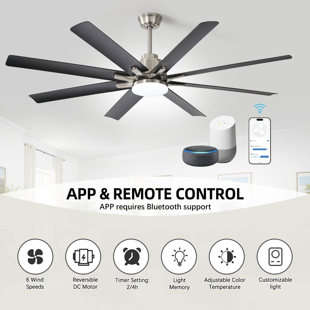 VEYRA 66-inch Modern Ceiling Fan with Light, Remote Control Smart Fan, 8 ABS Blades, DC Motor, 6 Speeds, Downrod Mount for Bedroom, Living Room