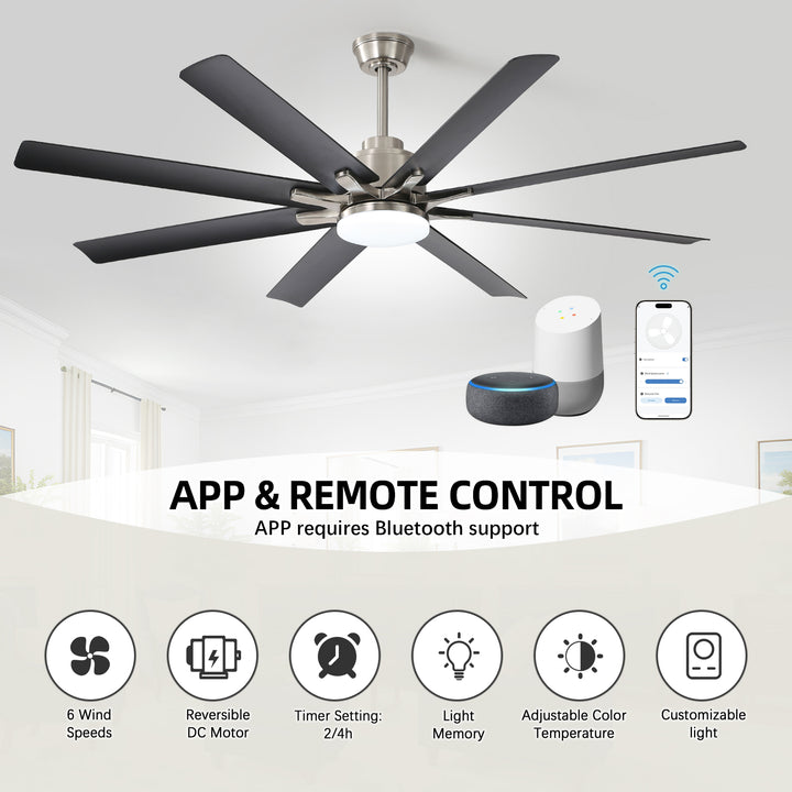 VEYRA 66-inch Modern Ceiling Fan with Light, Remote Control Smart Fan, 8 ABS Blades, DC Motor, 6 Speeds, Downrod Mount for Bedroom, Living Room