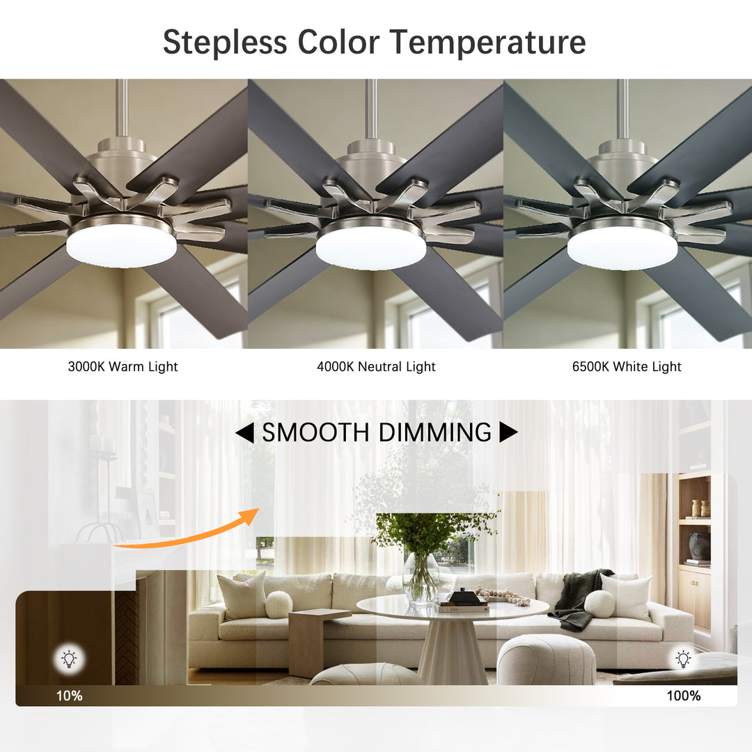 VEYRA 66-inch Modern Ceiling Fan with Light, Remote Control Smart Fan, 8 ABS Blades, DC Motor, 6 Speeds, Downrod Mount for Bedroom, Living Room