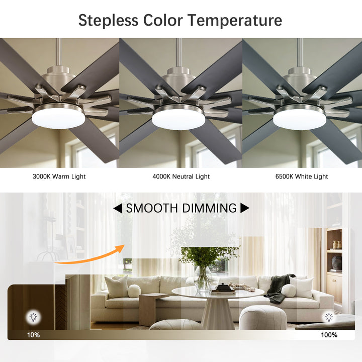 VEYRA 66-inch Modern Ceiling Fan with Light, Remote Control Smart Fan, 8 ABS Blades, DC Motor, 6 Speeds, Downrod Mount for Bedroom, Living Room