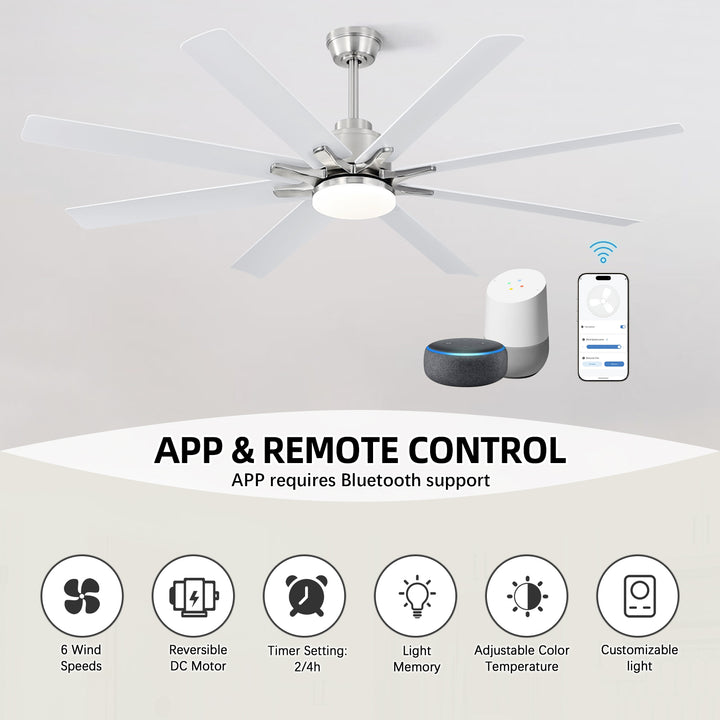 VEYRA 66-inch Modern Ceiling Fan with Light, Remote Control Smart Fan, 8 ABS Blades, DC Motor, 6 Speeds, Downrod Mount for Bedroom, Living Room