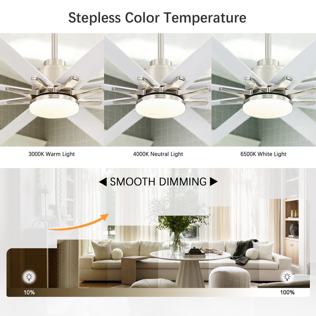 VEYRA 66-inch Modern Ceiling Fan with Light, Remote Control Smart Fan, 8 ABS Blades, DC Motor, 6 Speeds, Downrod Mount for Bedroom, Living Room