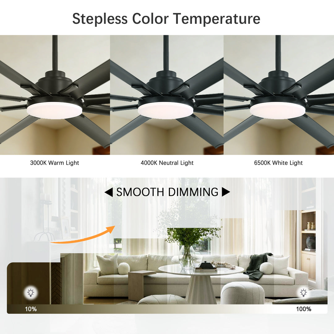 VEYRA 72-inch Modern Ceiling Fan with Light, Remote Control Smart Fan, 8 Aluminum Blades, DC Motor, 6 Speeds, Downrod Mount for Bedroom, Living Room