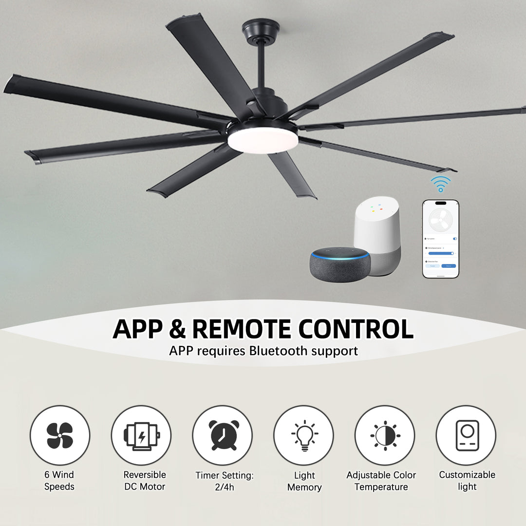 VEYRA 72-inch Modern Ceiling Fan with Light, Remote Control Smart Fan, 8 Aluminum Blades, DC Motor, 6 Speeds, Downrod Mount for Bedroom, Living Room