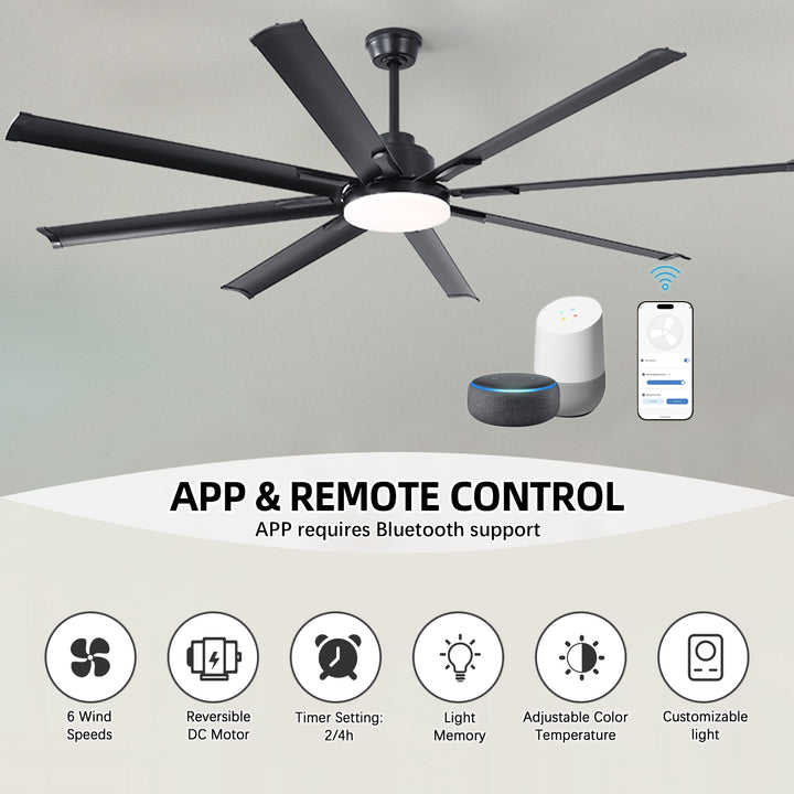 VEYRA 72-inch Modern Ceiling Fan with Light, Remote Control Smart Fan, 8 Aluminum Blades, DC Motor, 6 Speeds, Downrod Mount for Bedroom, Living Room