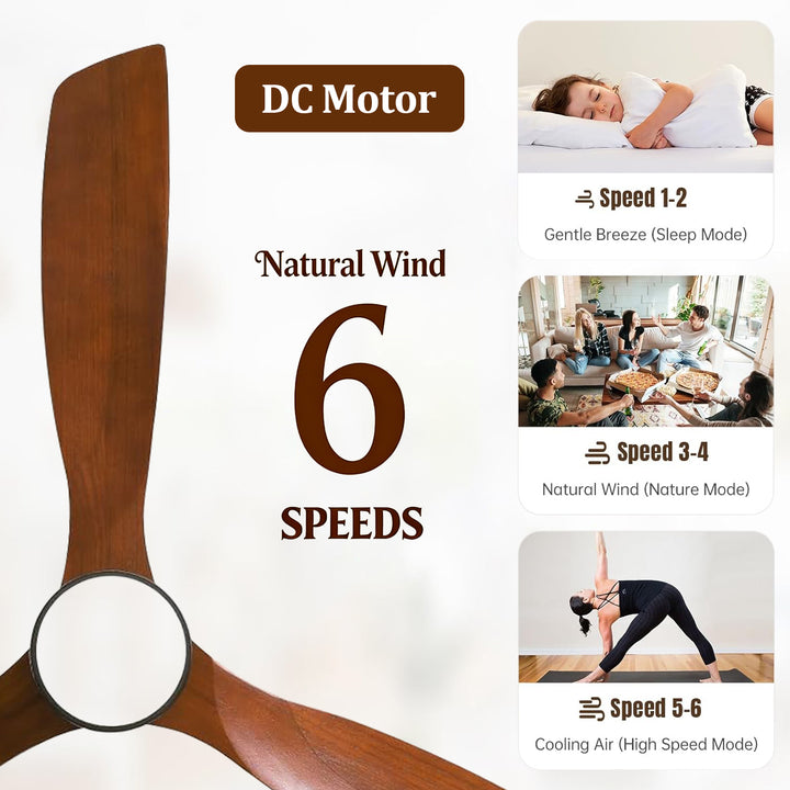 VEYRA 60-inch Modern Ceiling Fan with Light, 3 Solid Wood Blades, DC Motor, 6 Speeds, Downrod Mount for Bedroom, Living Room