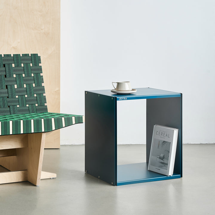 VEYRA Minimalist Metal Cube Storage End Table in Matte Blue, 18"x16"x20" for Living room, Bedroom