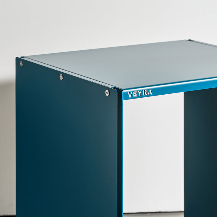 VEYRA Minimalist Metal Cube Storage End Table in Matte Blue, 18"x16"x20" for Living room, Bedroom
