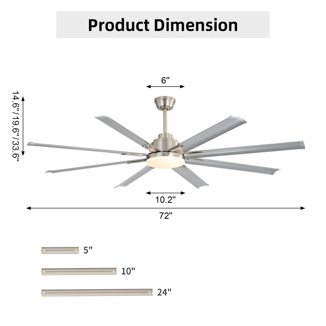 VEYRA 72-inch Modern Ceiling Fan with Light, Remote Control Smart Fan, 8 Aluminum Blades, DC Motor, 6 Speeds, Downrod Mount for Bedroom, Living Room