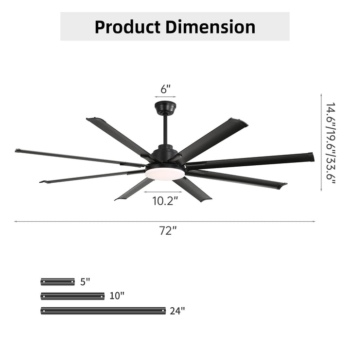 VEYRA 72-inch Modern Ceiling Fan with Light, Remote Control Smart Fan, 8 Aluminum Blades, DC Motor, 6 Speeds, Downrod Mount for Bedroom, Living Room