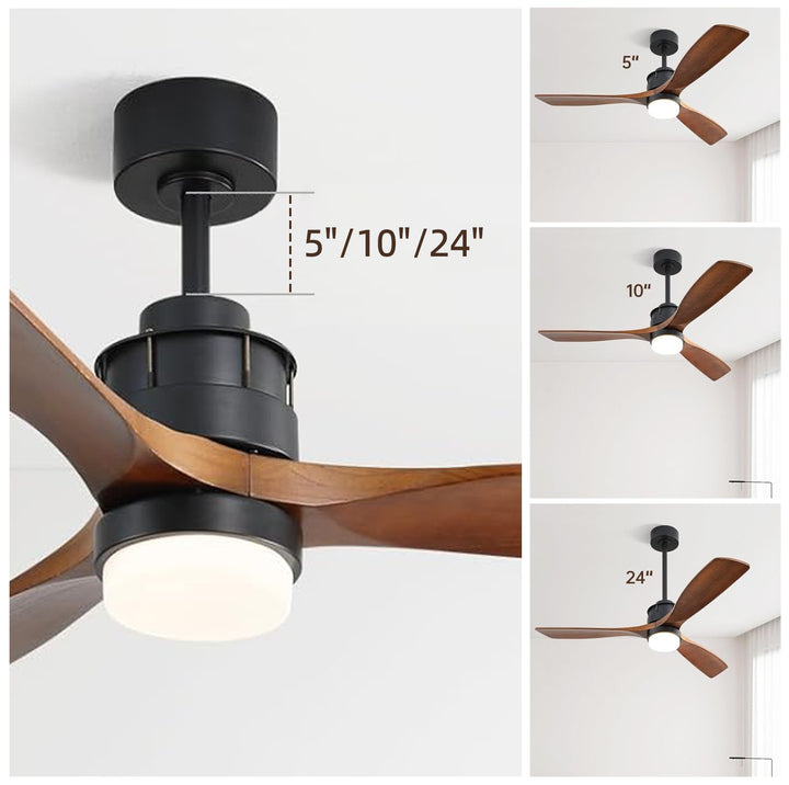 VEYRA 60-inch Modern Ceiling Fan with Light, 3 Solid Wood Blades, DC Motor, 6 Speeds, Downrod Mount for Bedroom, Living Room
